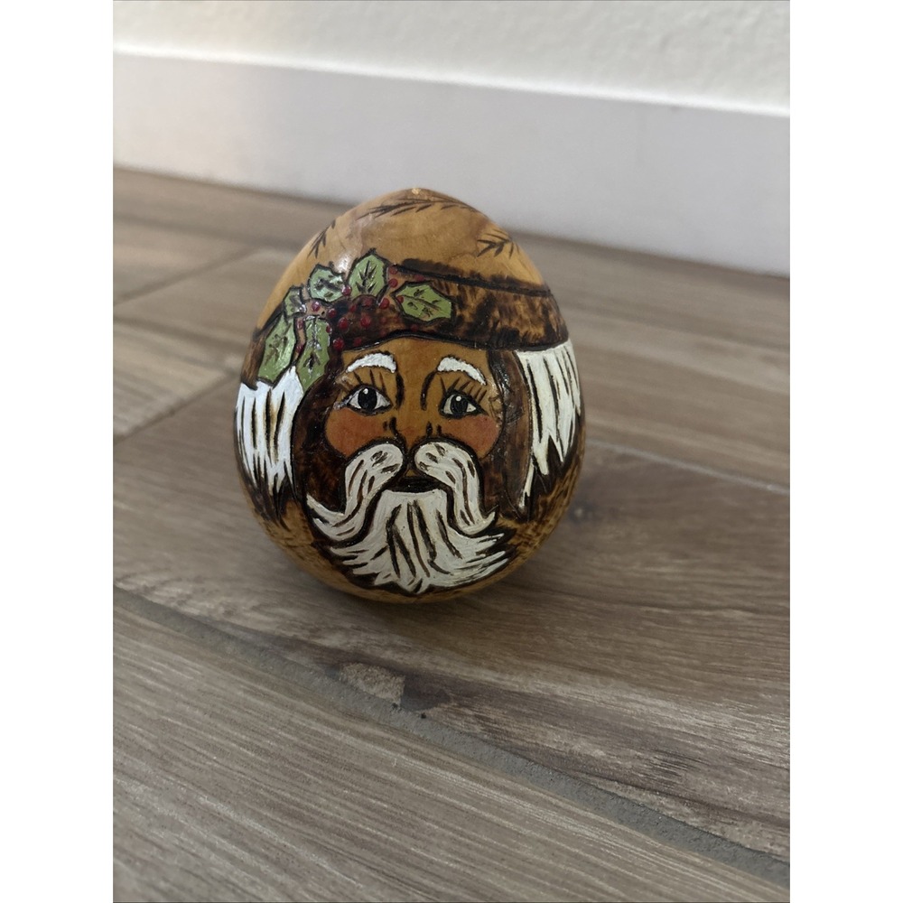 Vintage Hand Painted Carved Wood Egg Santa Signed Artist Judy 2000 Russian Style